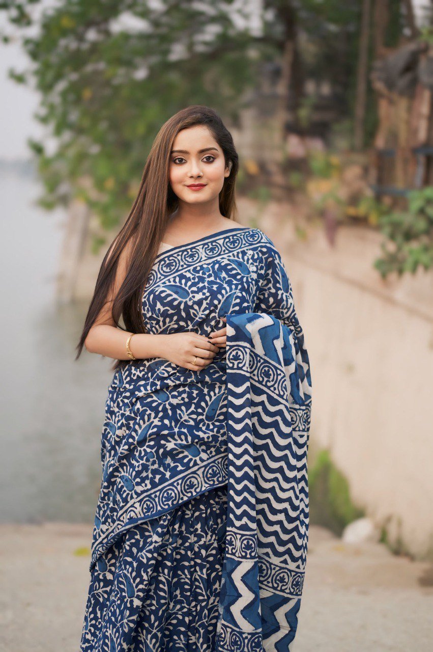 Cotton Blue Printed Saree - Ready To Wear Designer Saree Online