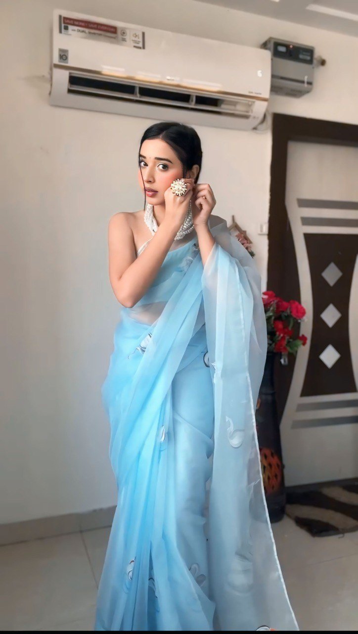 Organza Sky Blue Printed Saree - Ready To Wear Designer Saree Online