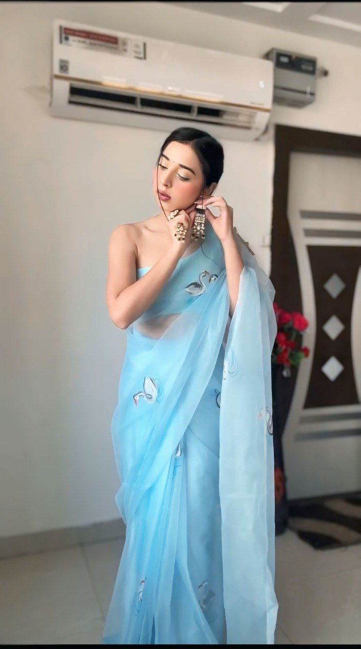 Organza Sky Blue Printed Saree Online