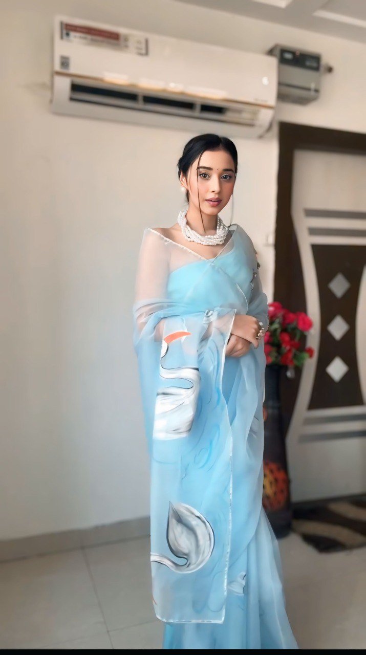 Unstitched Organza Saree Blouse Sky Blue