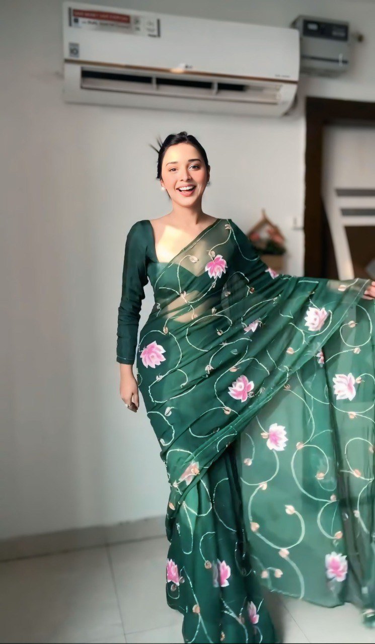 Organza Green Printed Saree - Ready To Wear Designer Saree Online
