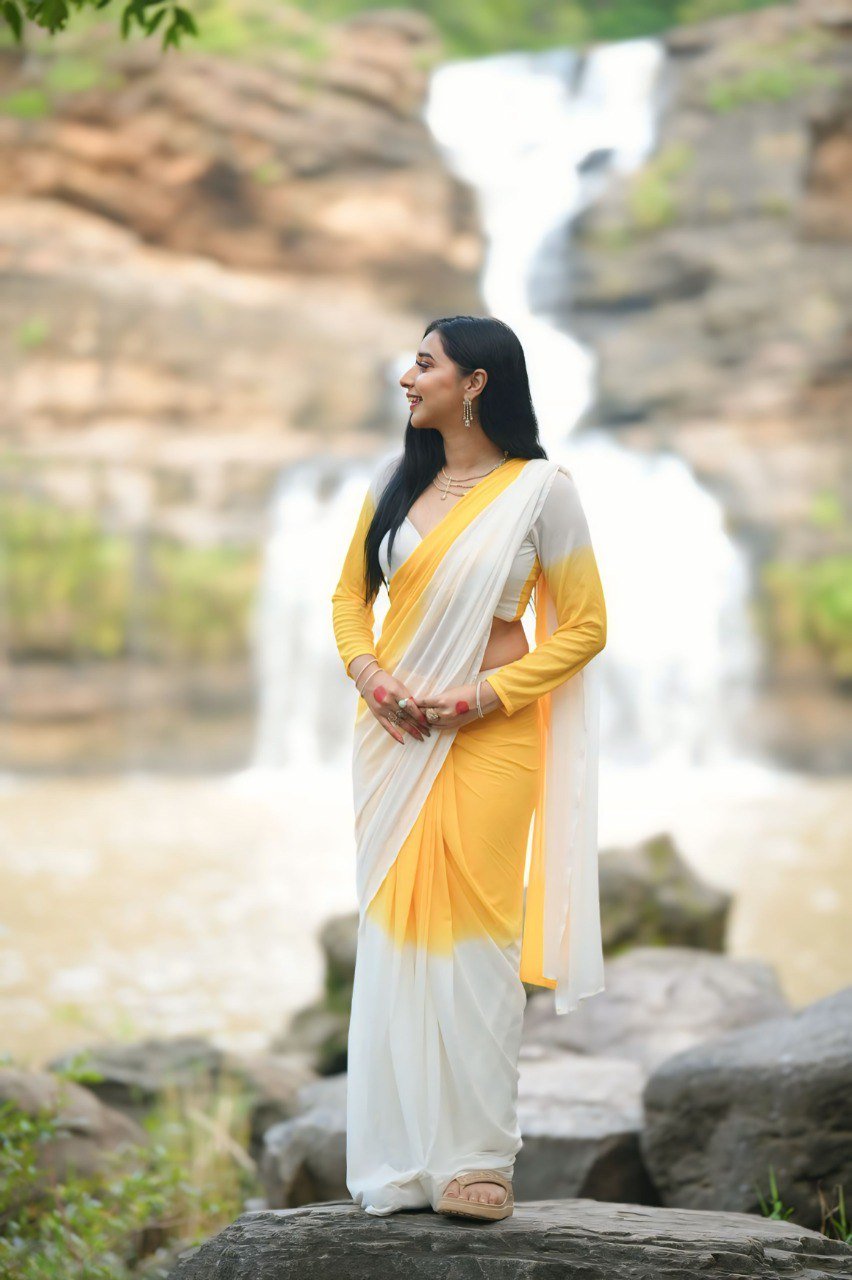 Georgette Yellow White Printed Saree