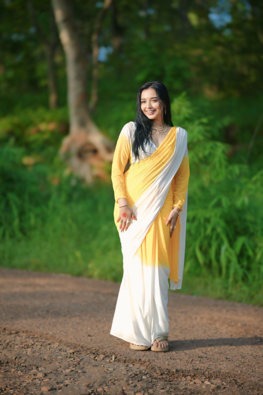 Georgette Yellow White Printed Saree