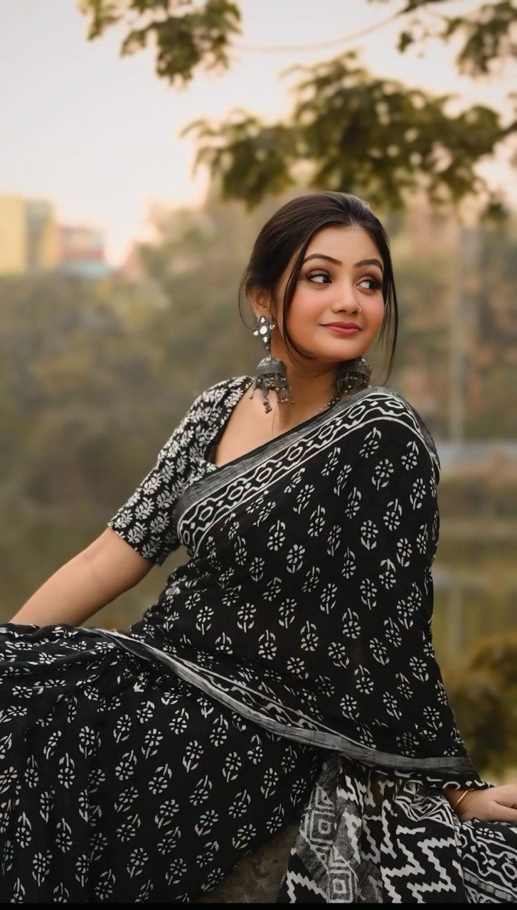 Ready To Wear Cotton SIlver Black Printed Saree