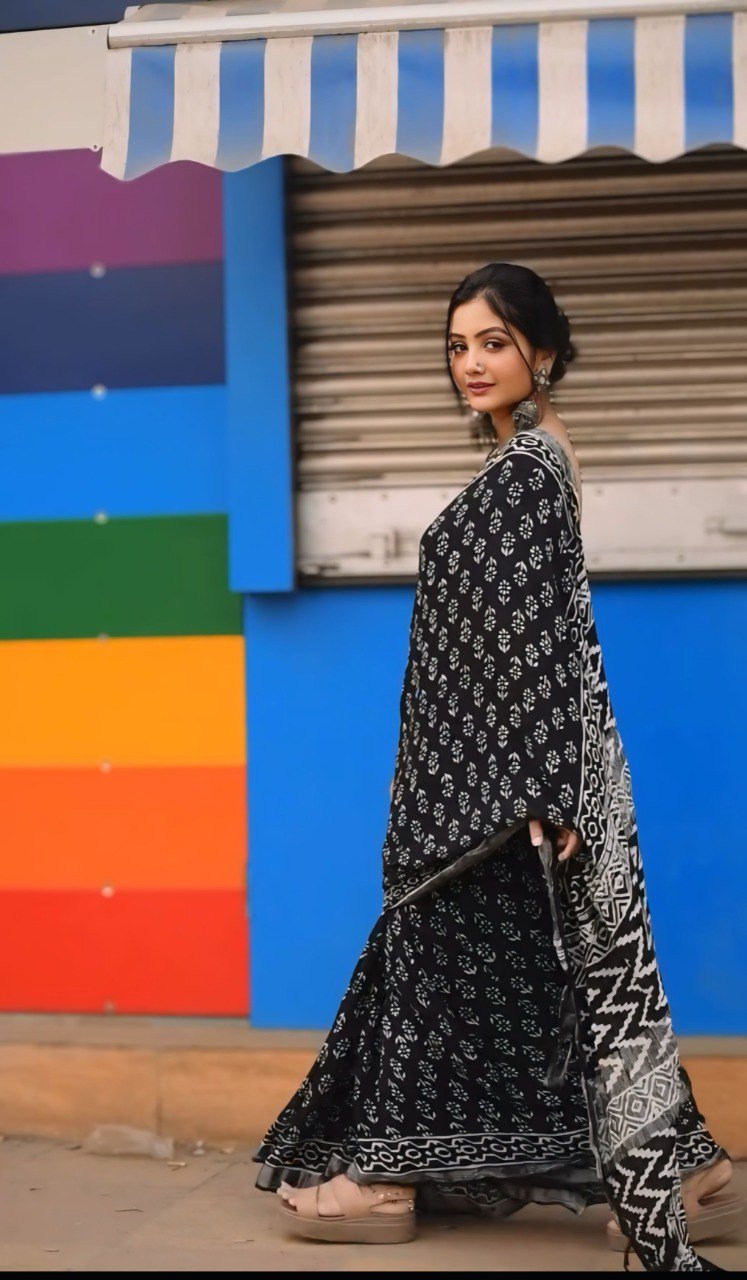 Ready To Wear Cotton SIlver Black Printed Saree