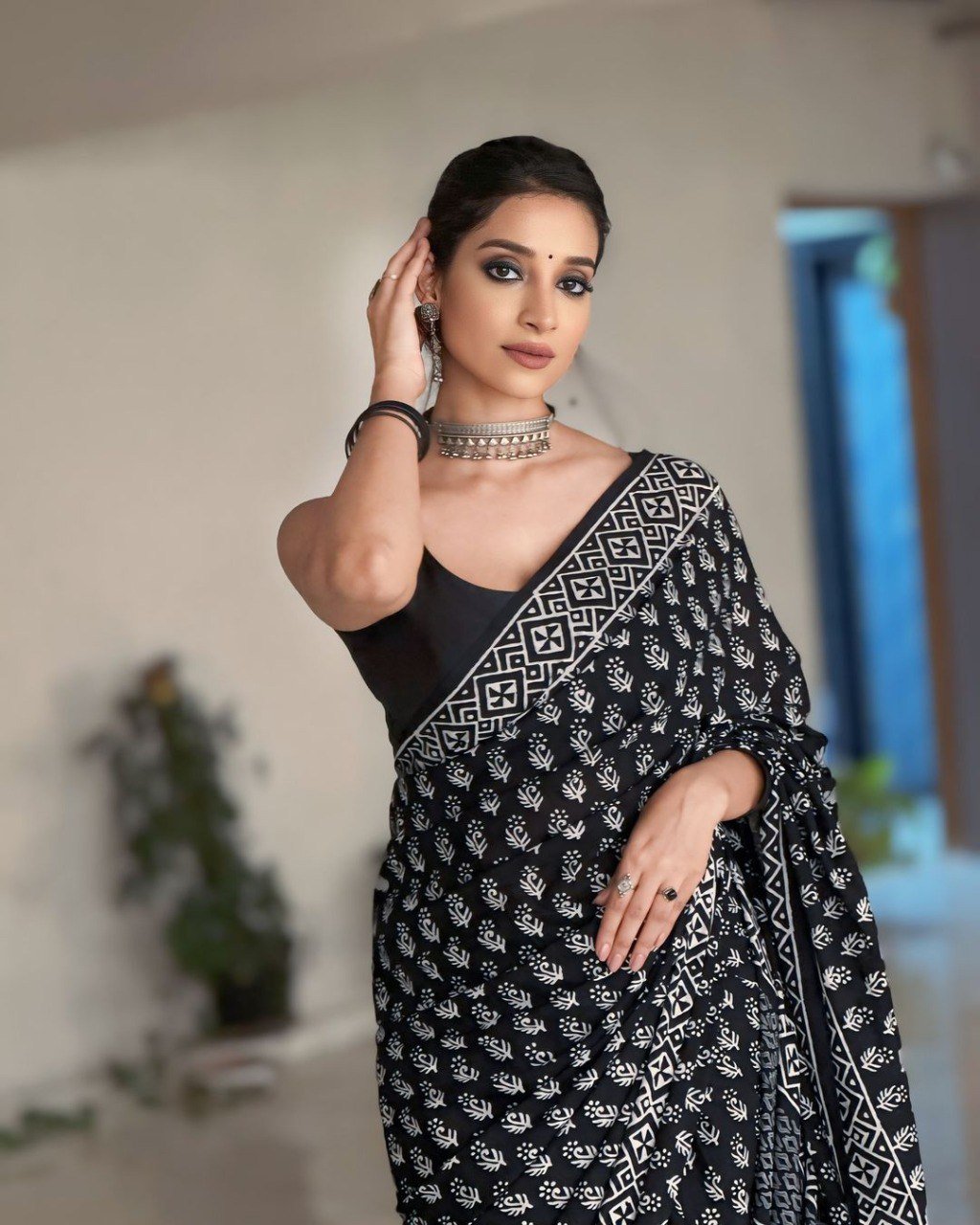 Ready To Wear Cotton Black Printed Saree