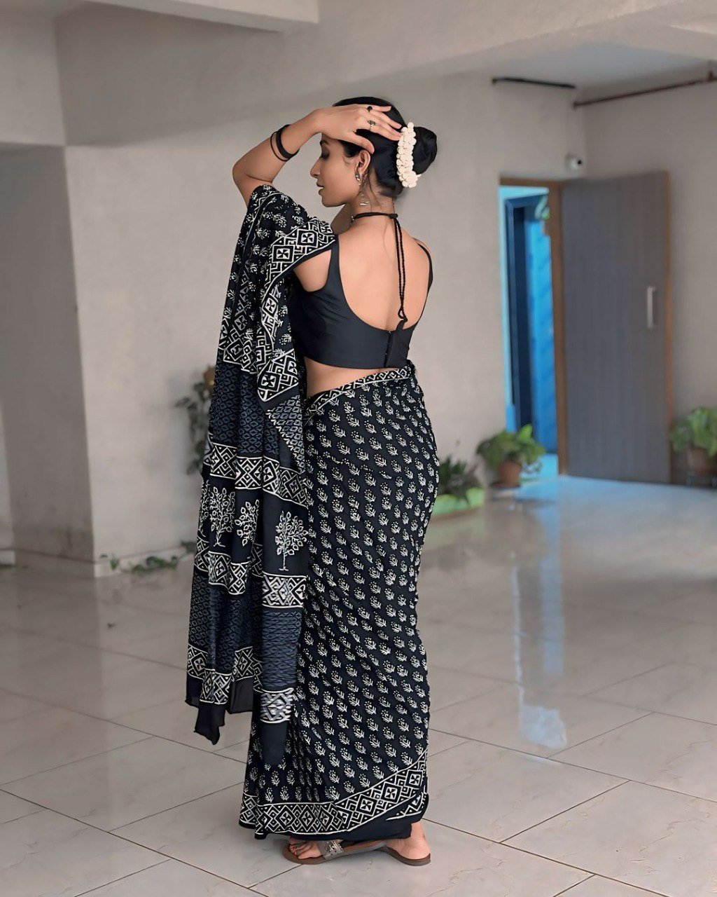 Ready To Wear Cotton Black Printed Saree
