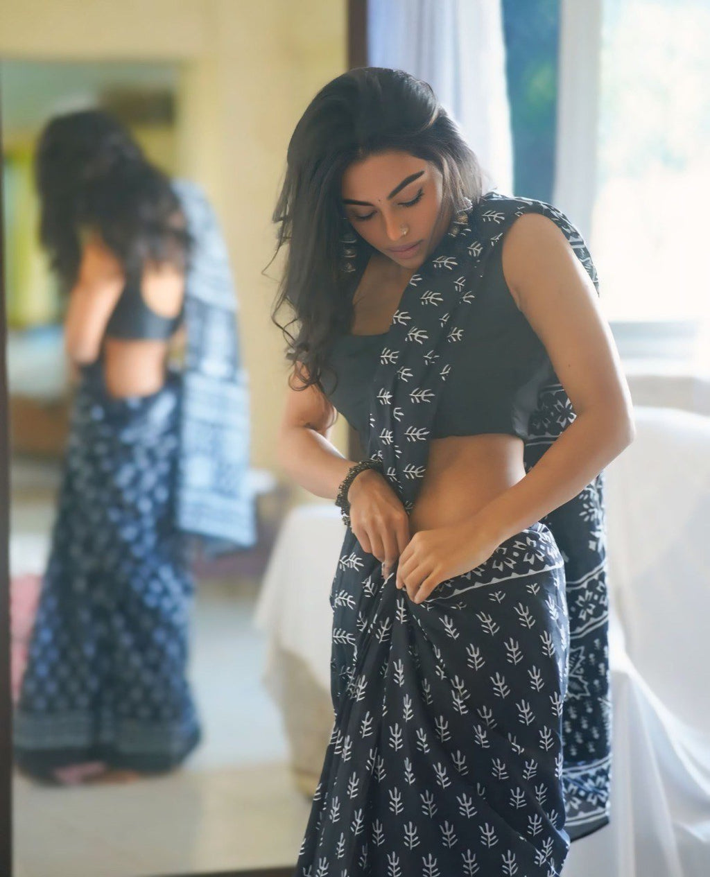 Ready to Wear Cotton Blue Printed Saree for Women