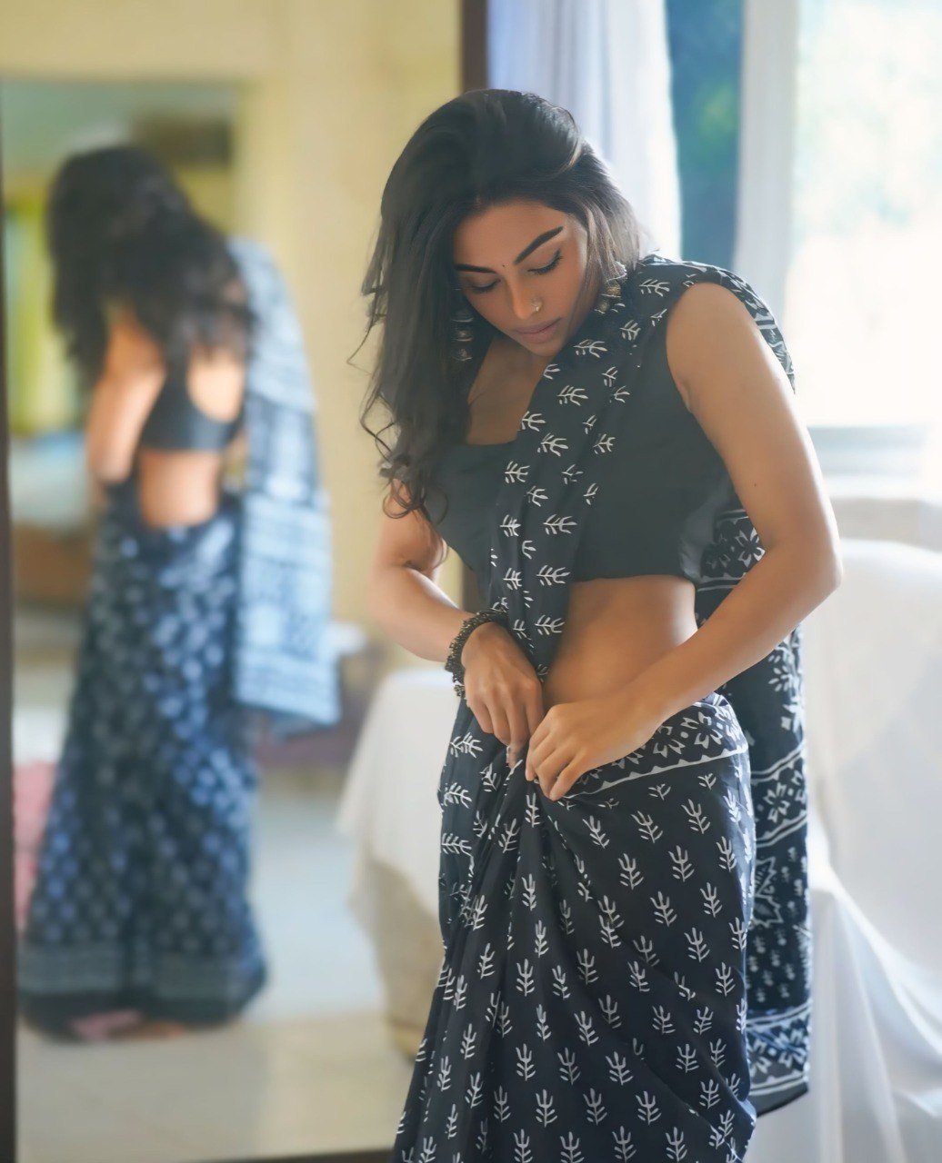 Ready to Wear Cotton Blue Printed Saree for Women