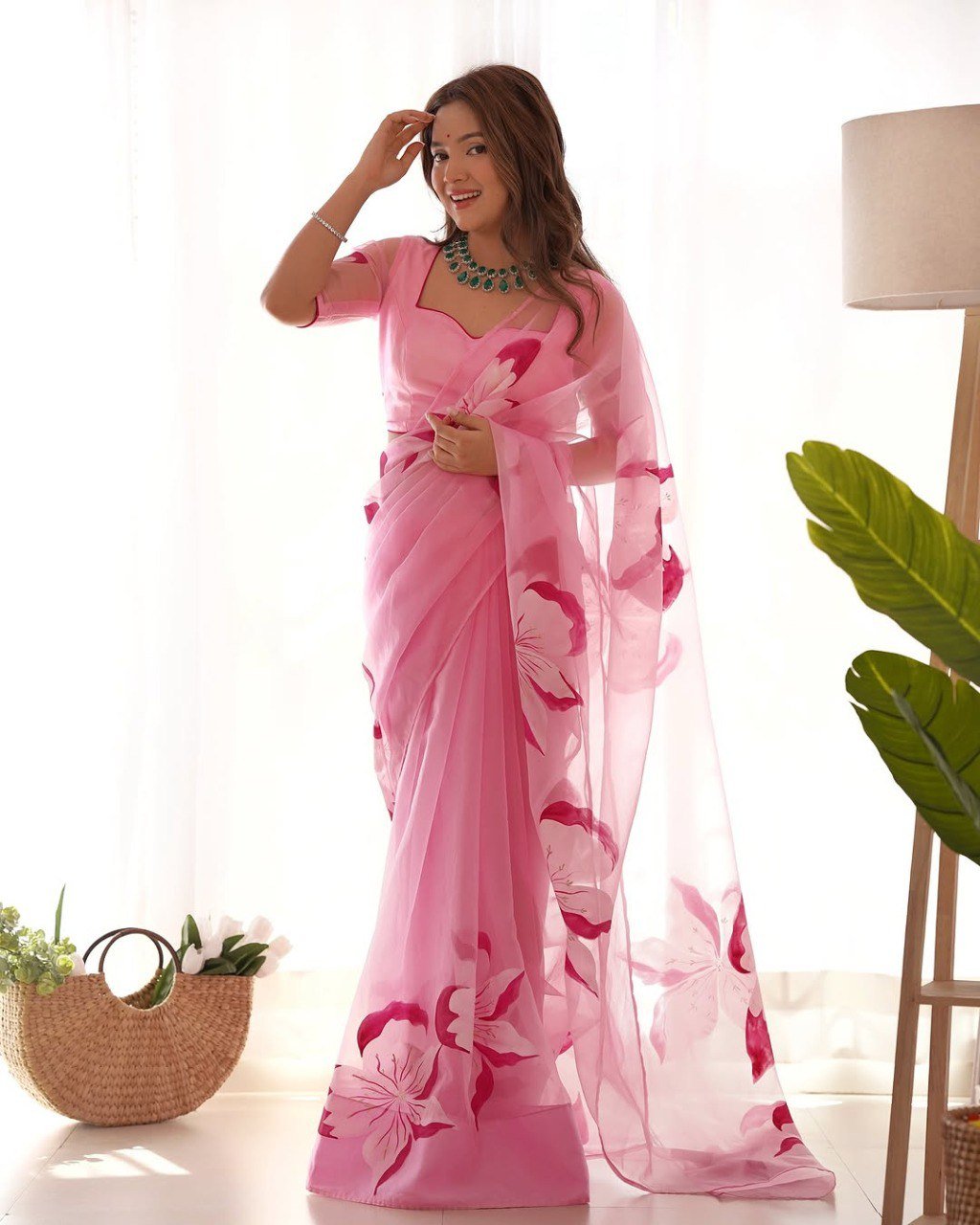 Organza Silk Pink Printed Saree Online
