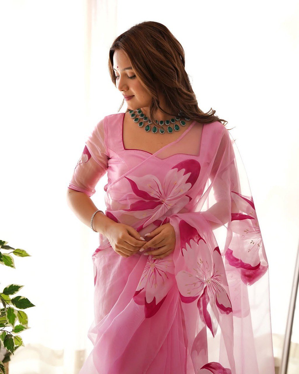 Pure Organza Silk Pink Saree with Print