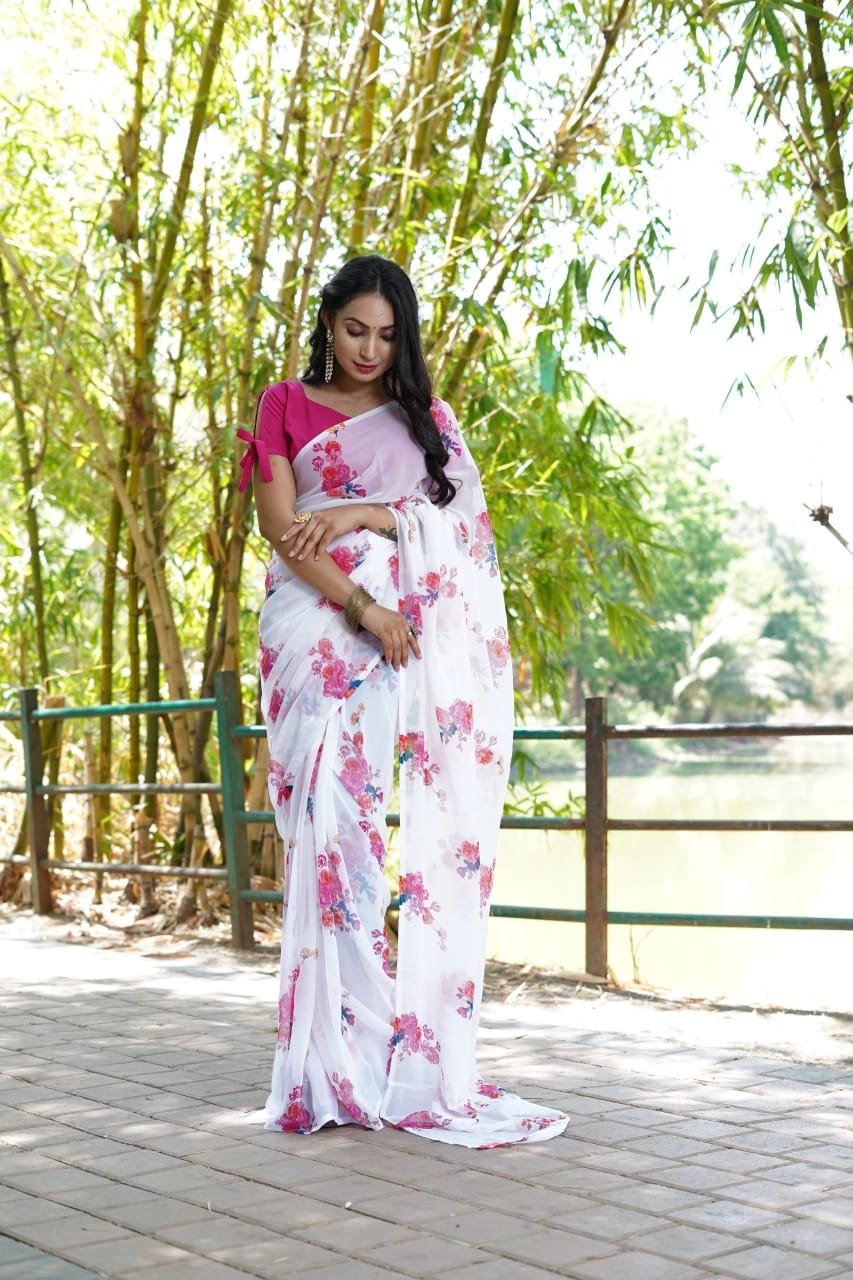 Ready To Wear Georgette Off White Printed Saree