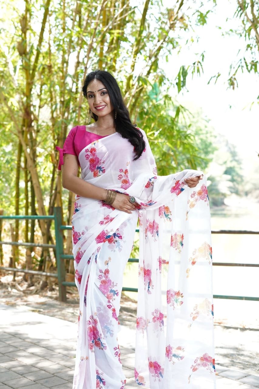 Ready To Wear Georgette Off White Printed Saree