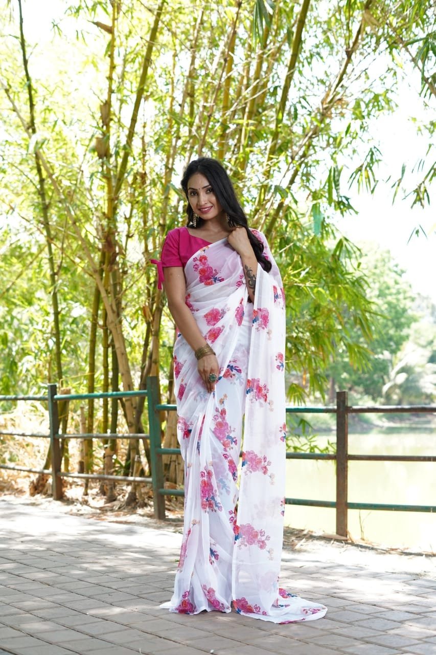 Ready To Wear Georgette Off White Printed Saree