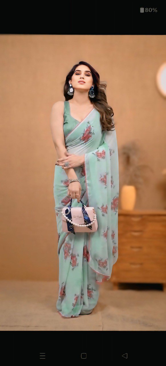 Ready To Wear Georgette Sea Green Printed Saree