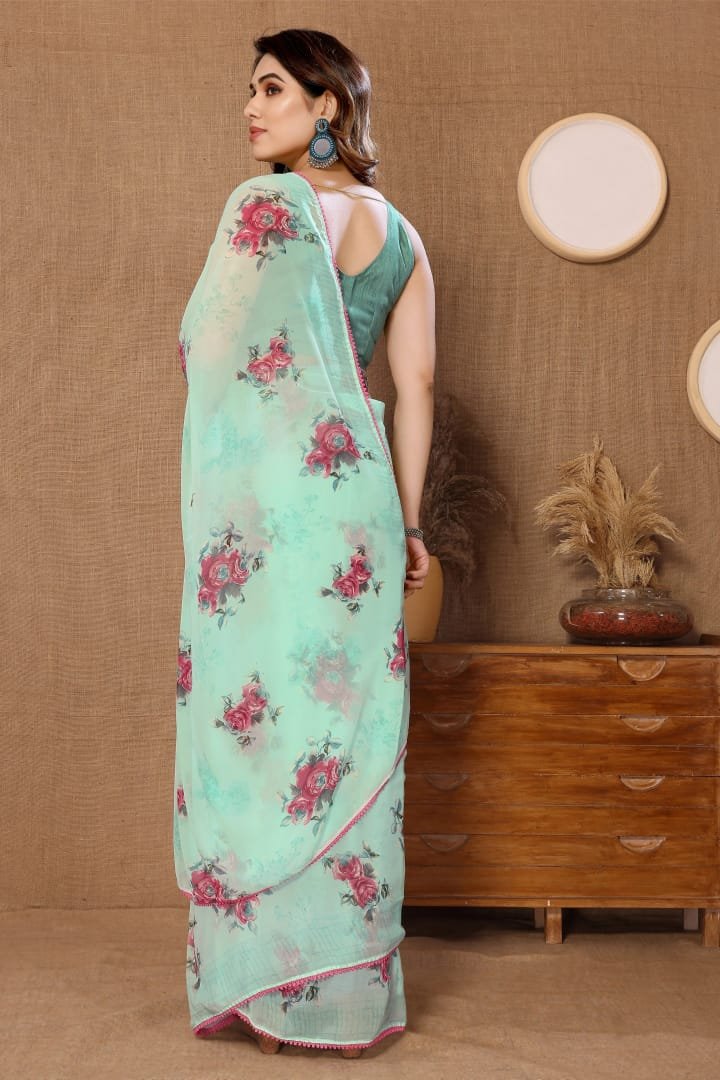 Ready To Wear Georgette Sea Green Printed Saree
