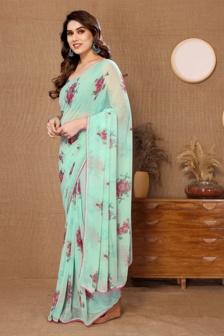 Ready To Wear Georgette Sea Green Printed Saree