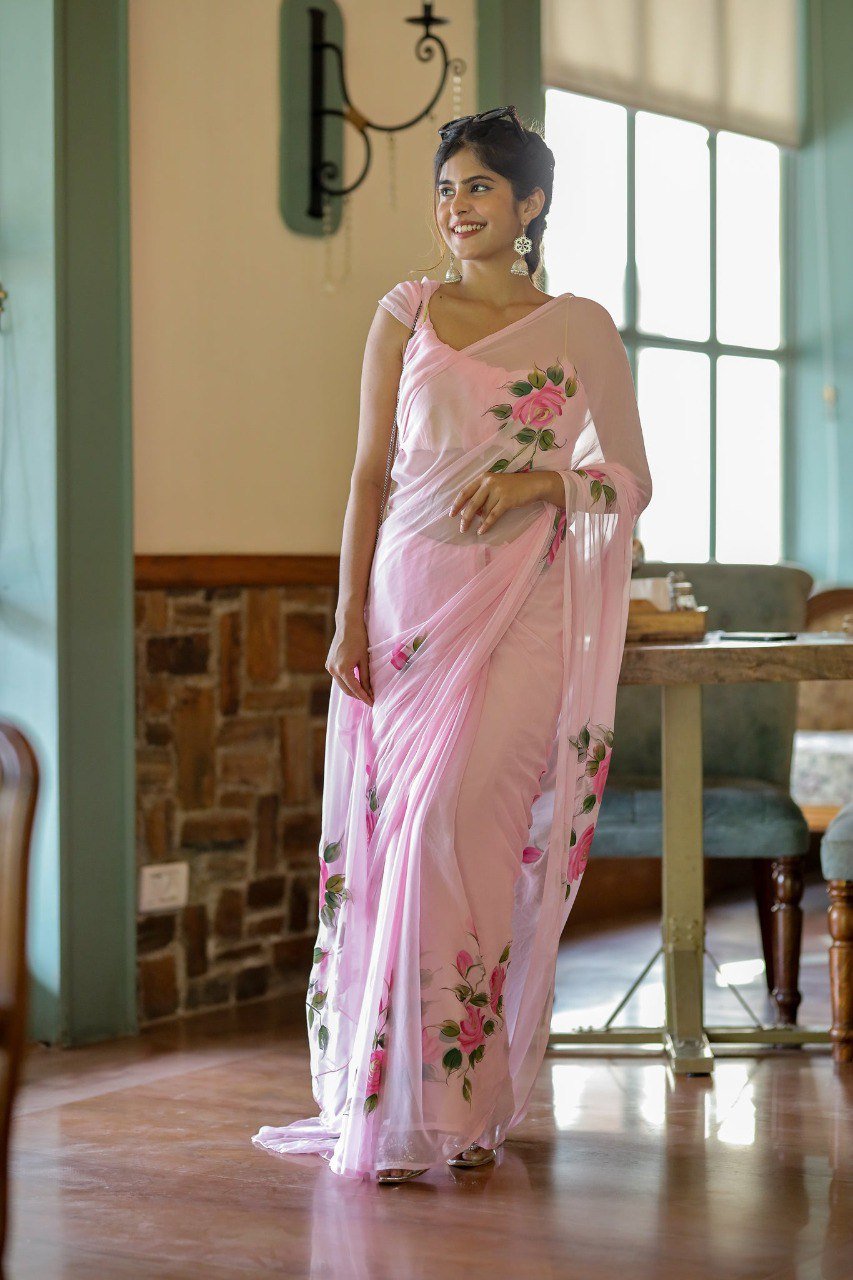 Ready To Wear Georgette Baby Pink Printed Saree