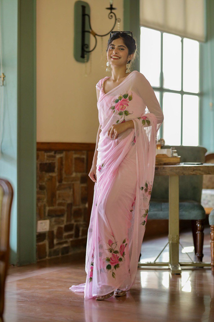 Ready To Wear Georgette Baby Pink Printed Saree