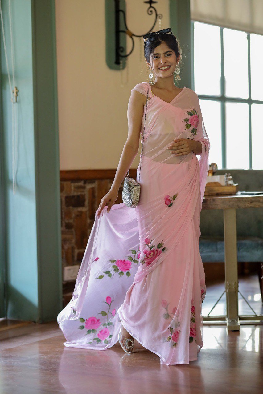 Ready To Wear Georgette Baby Pink Printed Saree