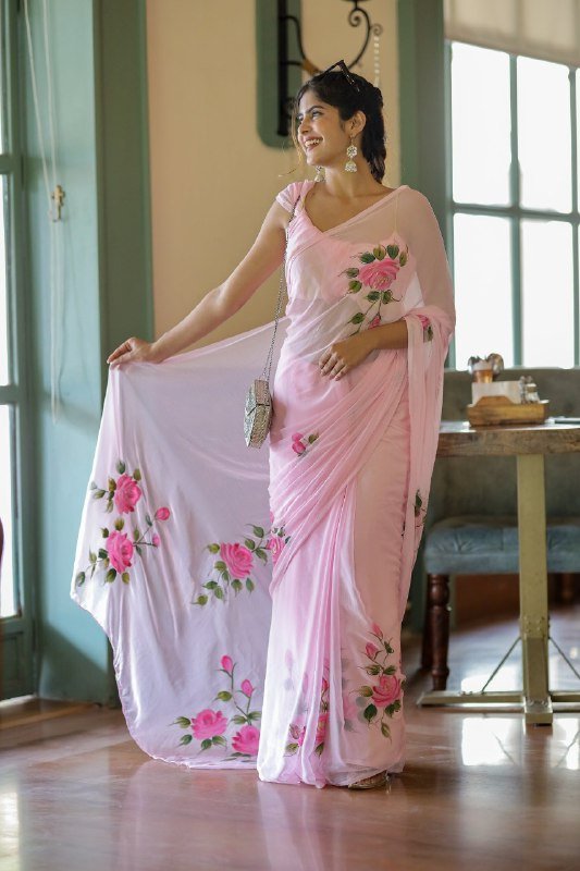 Ready To Wear Georgette Baby Pink Printed Saree