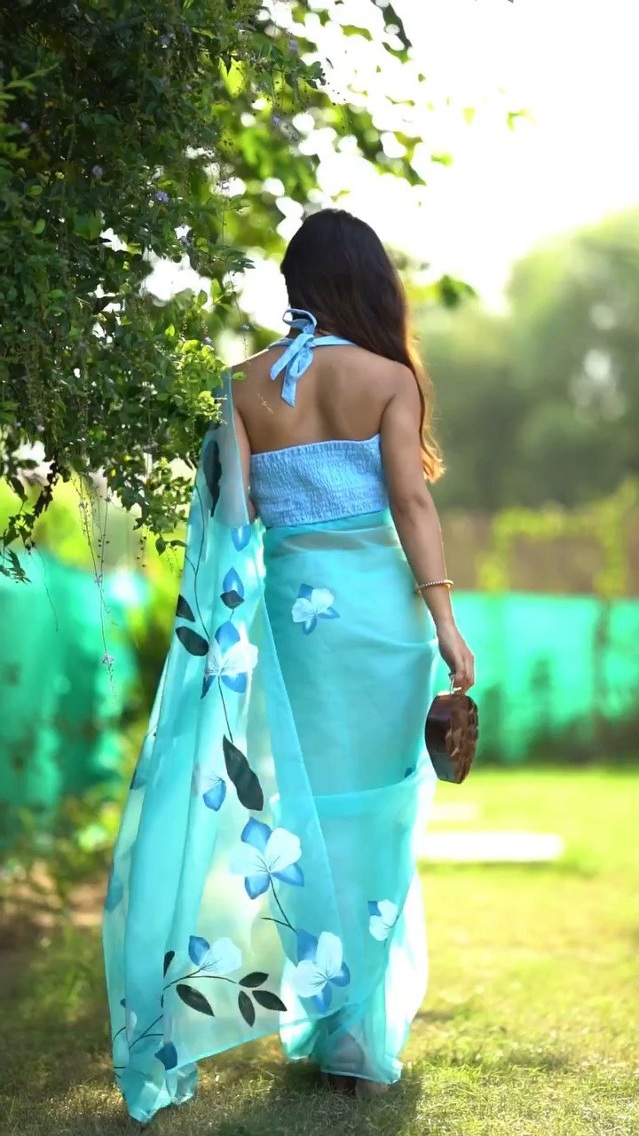 Sky Organza Silk Printed Ready To Wear Saree