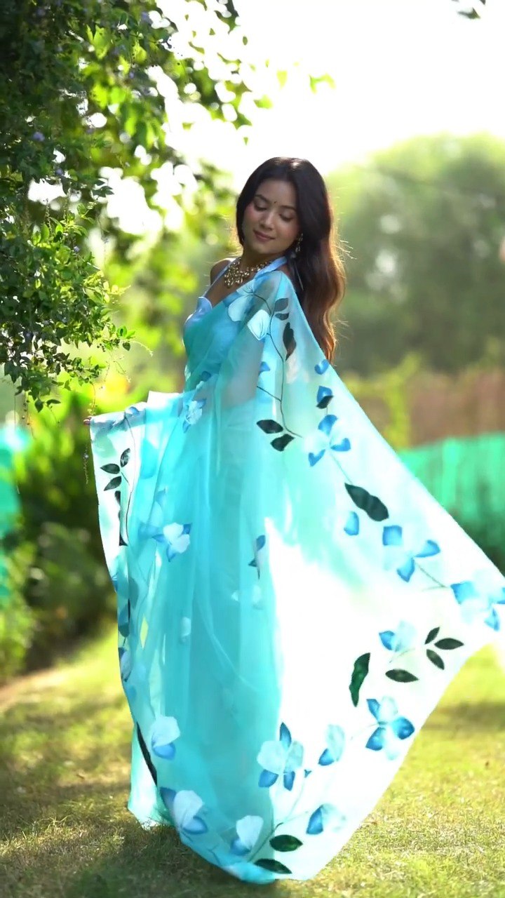 Sky Organza Silk Printed Ready To Wear Saree
