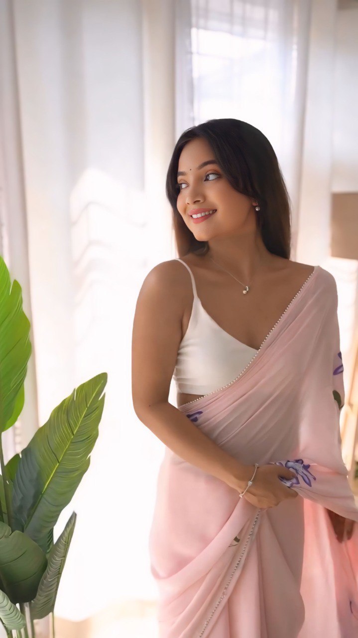 Pink Georgette Ready To Wear Flower Printed Saree