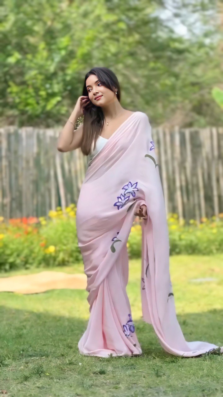 Pink Georgette Ready To Wear Flower Printed Saree