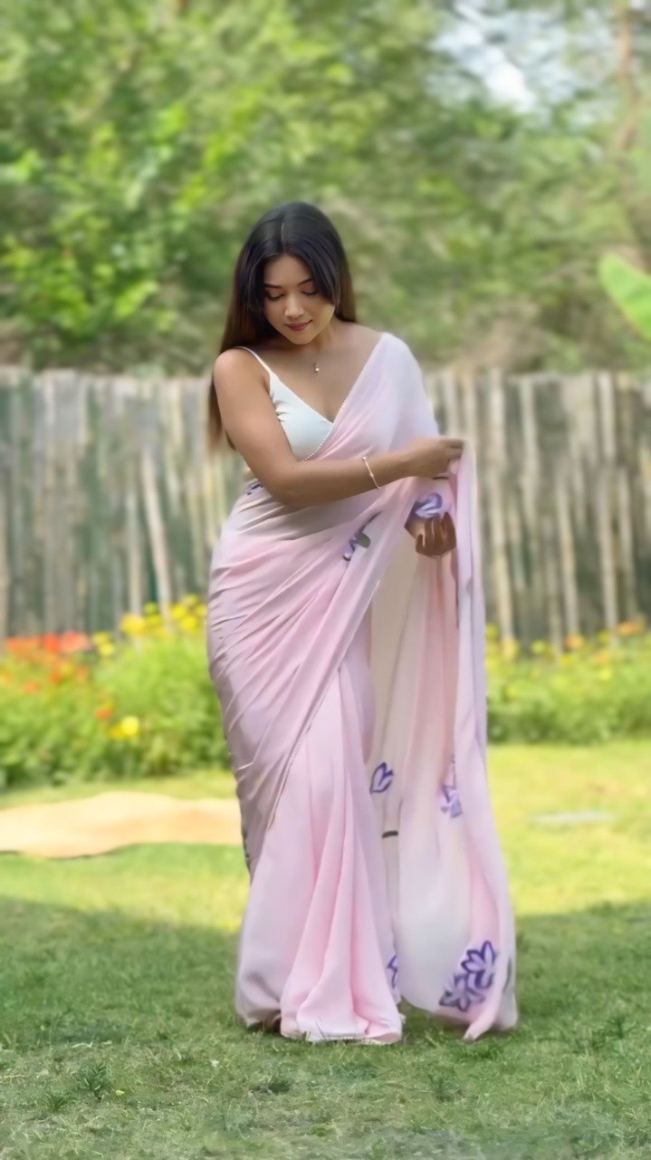 Pink Georgette Ready To Wear Flower Printed Saree