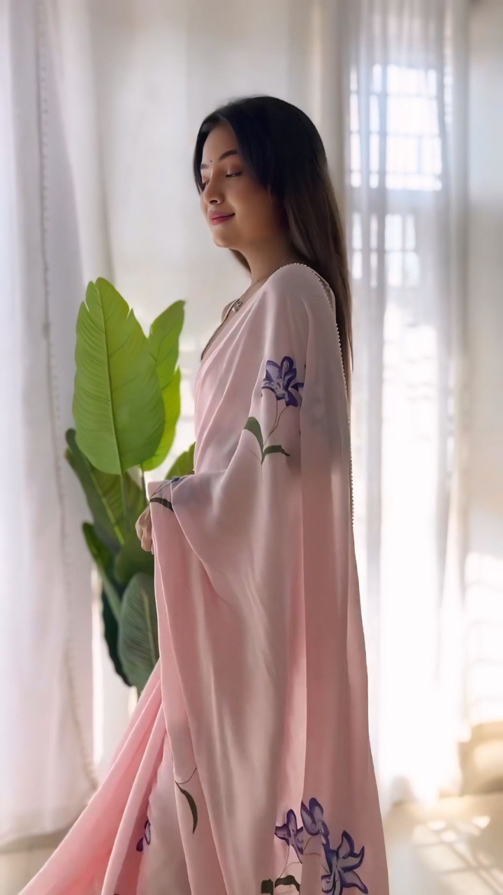 Pink Georgette Ready To Wear Flower Printed Saree