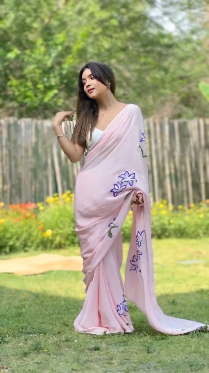 Pink Georgette Ready To Wear Flower Printed Saree