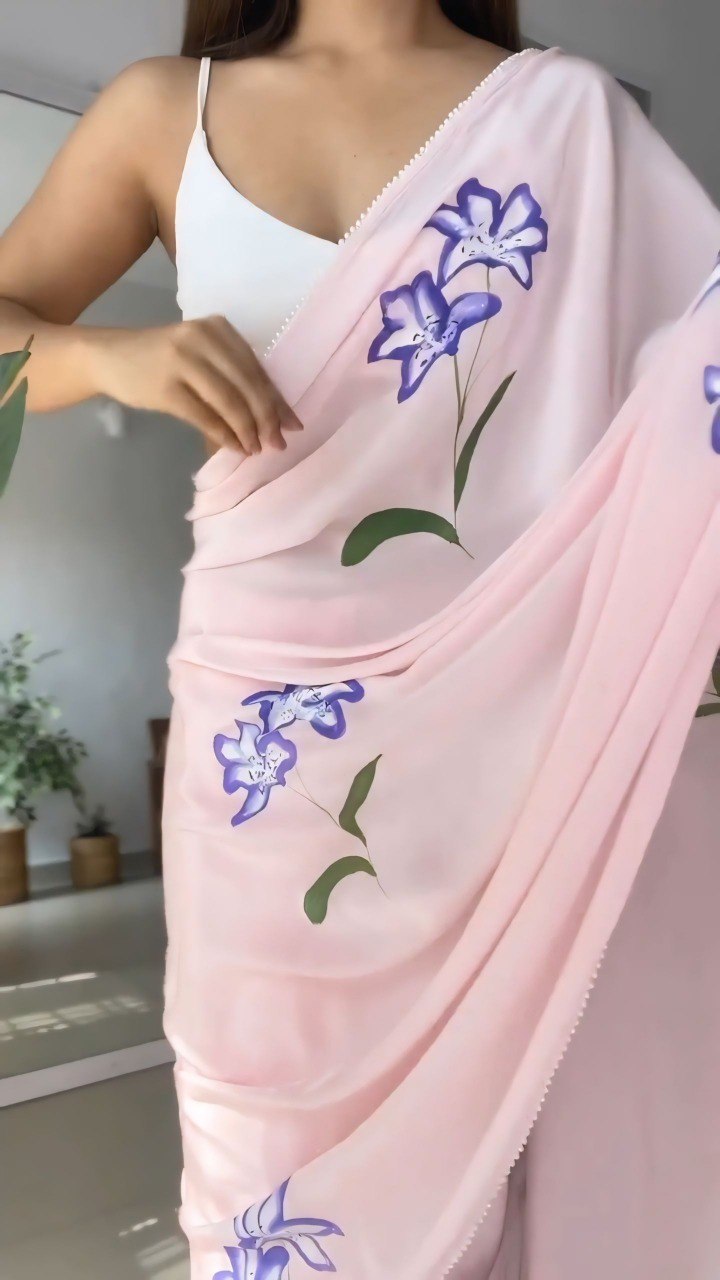Pink Georgette Ready To Wear Flower Printed Saree