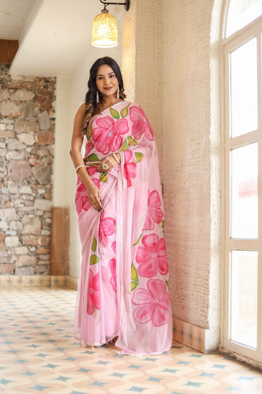 Pink Georgette Ready To Wear Printed Saree