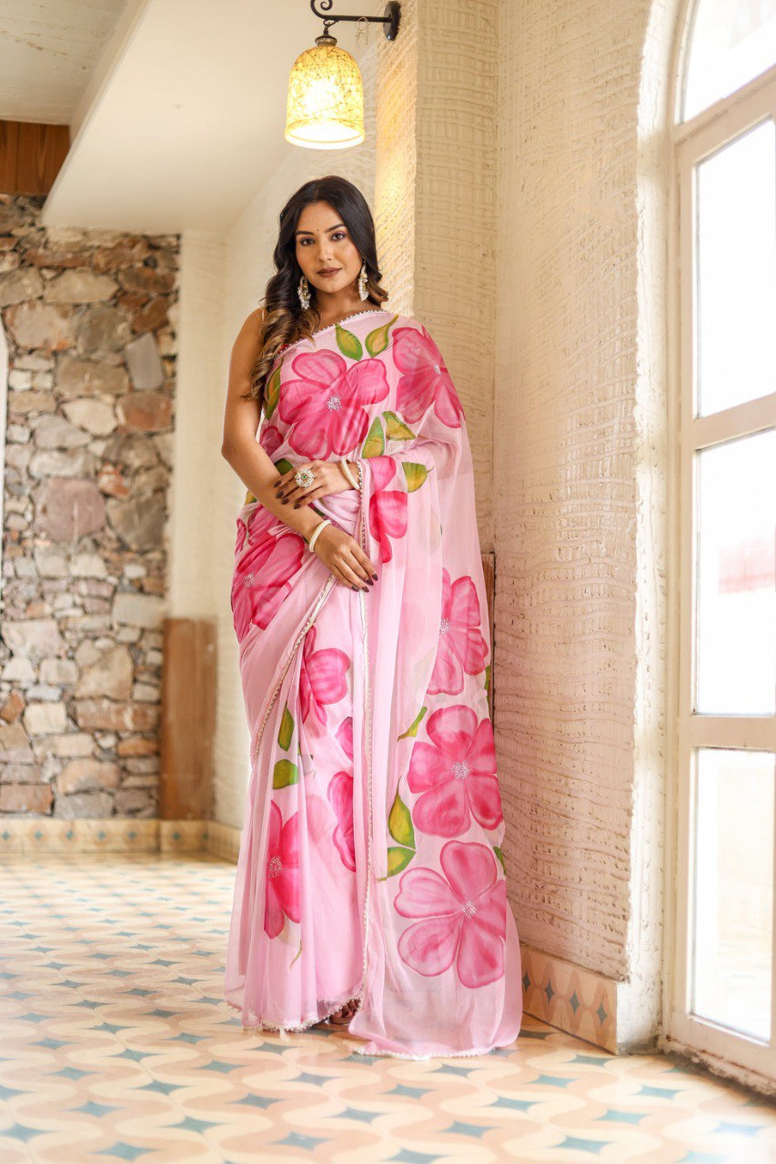 Pink Georgette Ready To Wear Printed Saree