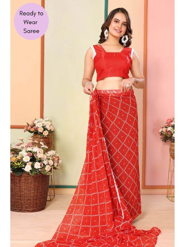 Ready To Wear Georgette Orange Printed Saree