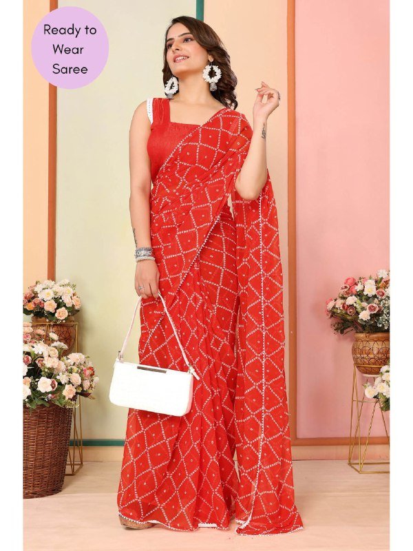 Ready To Wear Georgette Orange Printed Saree