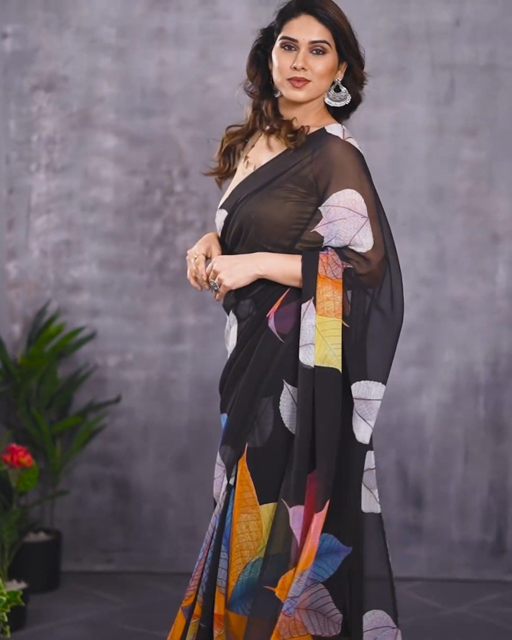 Black Georgette Printed Ready To Wear Saree