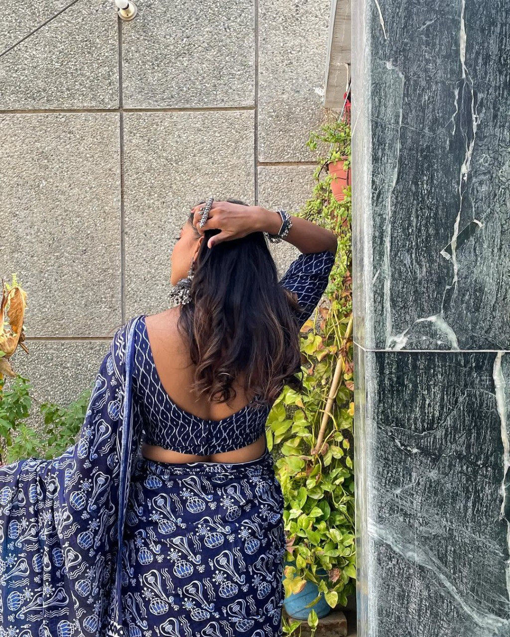 Blue Cotton Ready To Wear Printed Saree