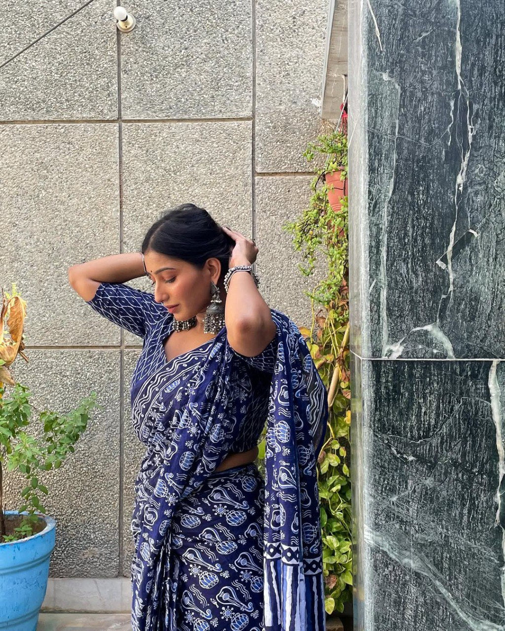 Blue Cotton Ready To Wear Printed Saree