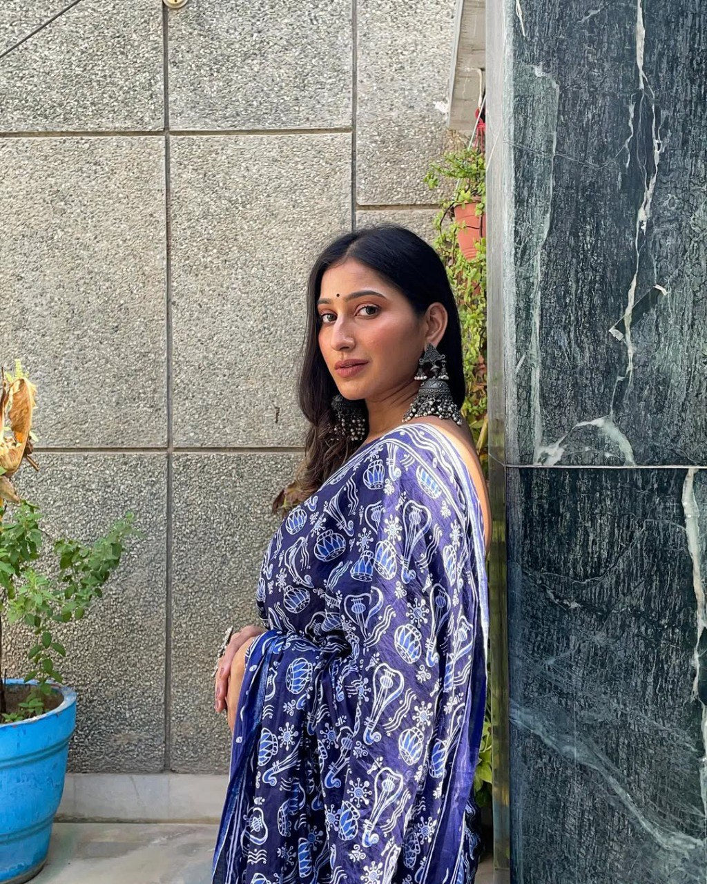 Blue Cotton Ready To Wear Printed Saree