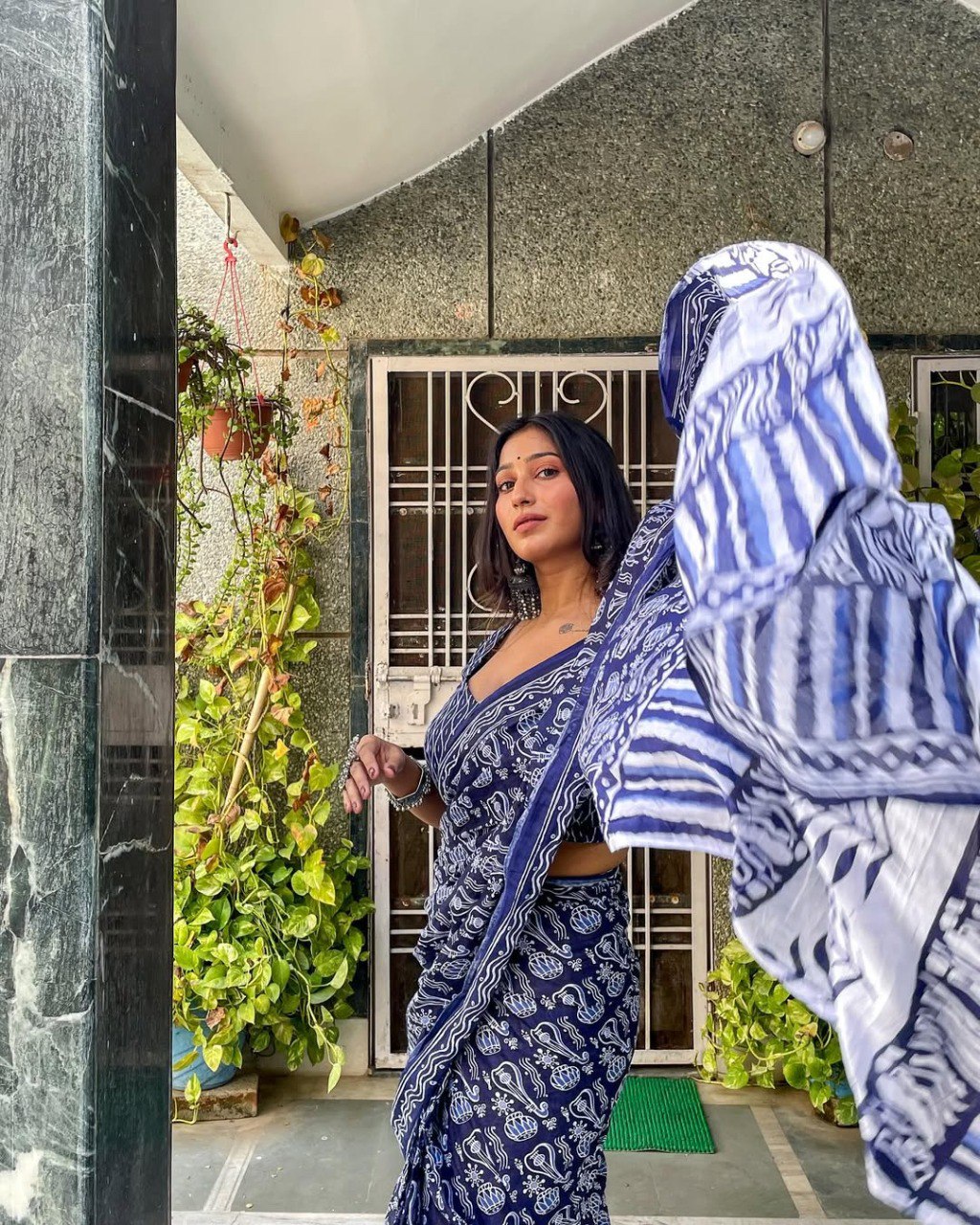 Blue Cotton Ready To Wear Printed Saree