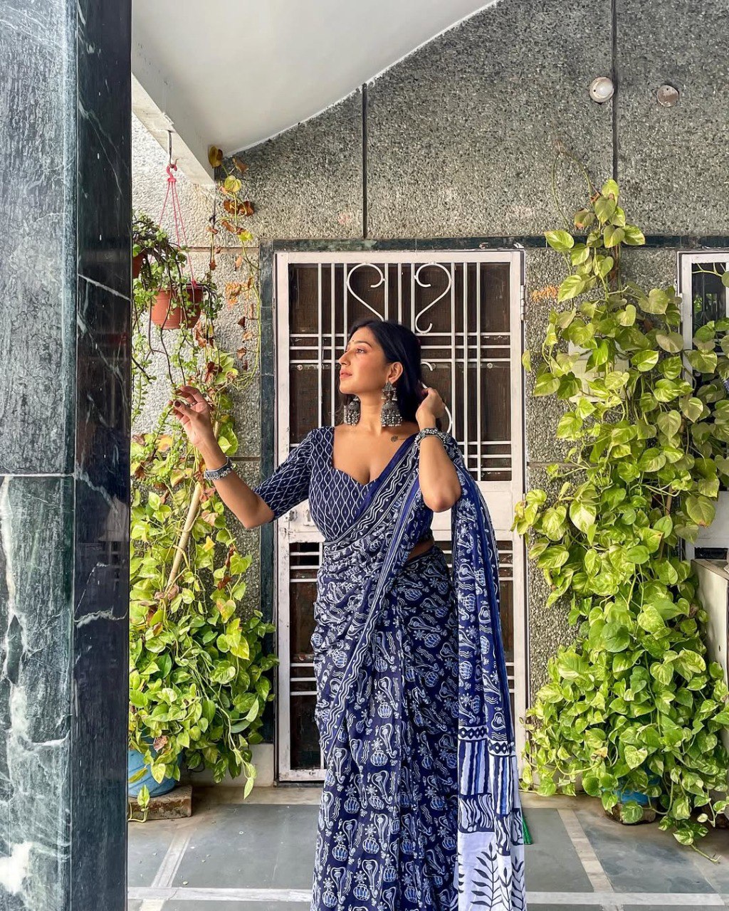 Blue Cotton Ready To Wear Printed Saree