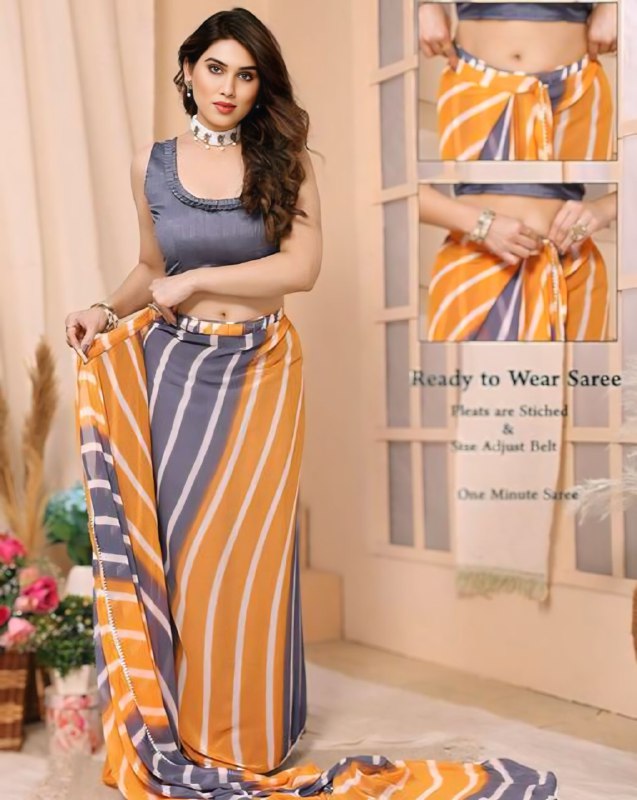 Grey And Mustard Georgette Ready To Wear Saree