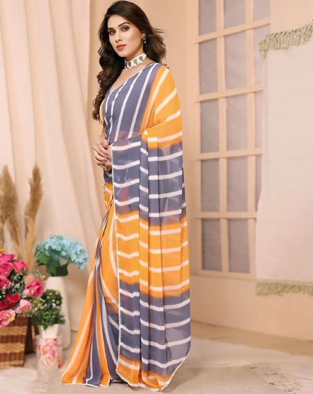 Grey And Mustard Georgette Ready To Wear Saree