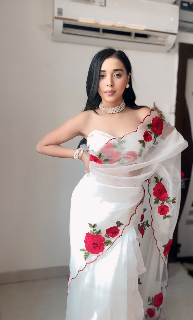 White Organza Ready To Wear Printed Saree