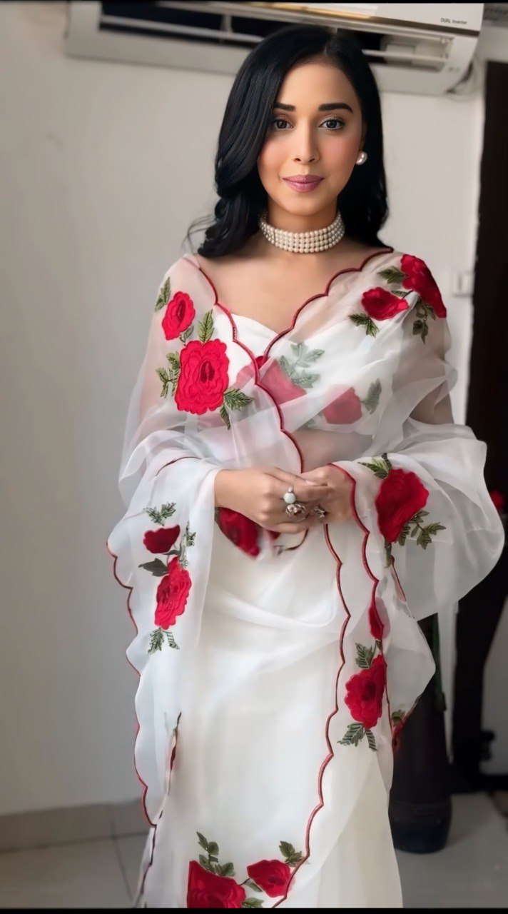 White Organza Ready To Wear Printed Saree