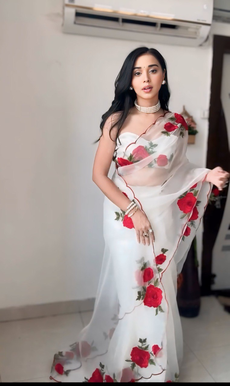 White Organza Ready To Wear Printed Saree