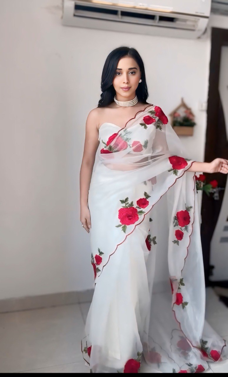 White Organza Ready To Wear Printed Saree