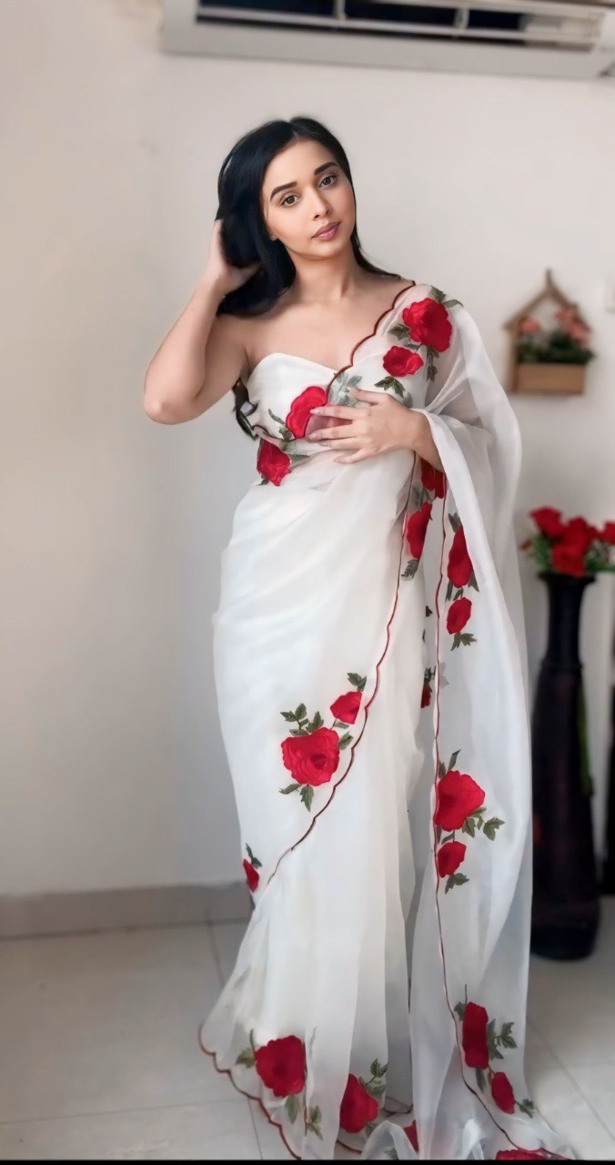 White Organza Ready To Wear Printed Saree